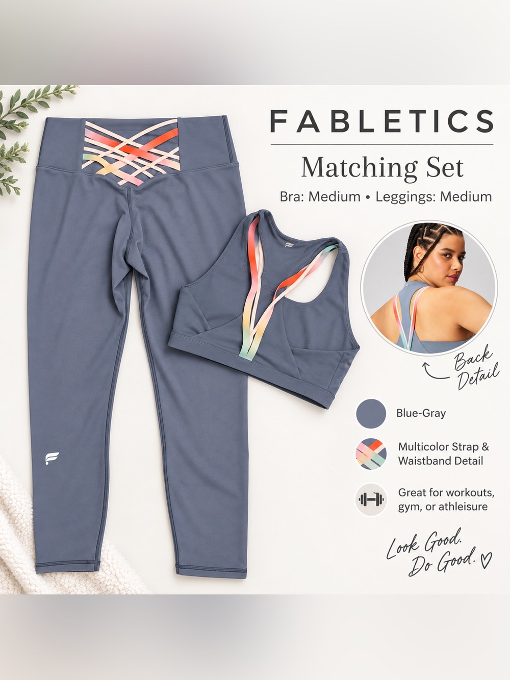 Fabletics both medium Gray Multicolor Strap Matching Sports Bra & Leggings Set